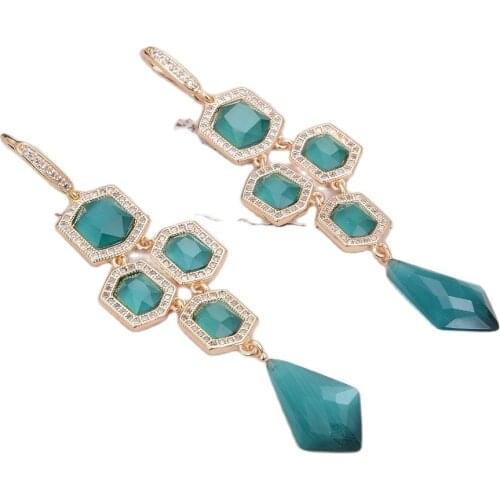 GG Jewelry Cute Gold Color CZ Plated Green Cat Eye Gems Stone Cz Pave Hook Earrings For Women Lady Gift