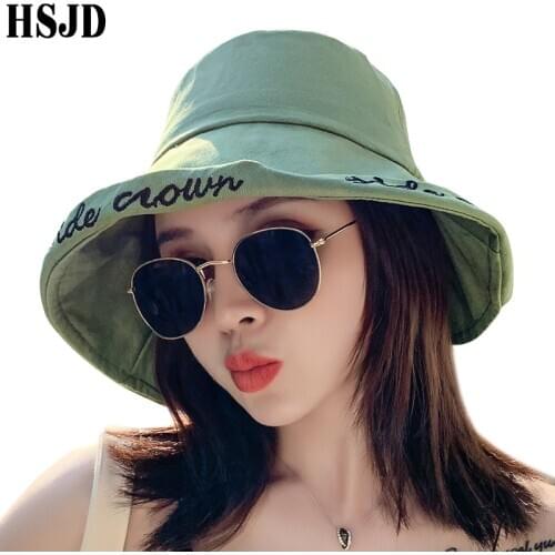 Summer Women Wide Brim Sun Hats Letter Embroidery Cotton Bucket Hat Breathable Foldable Anti-UV Beach Hat Female Sunshade Bonnet