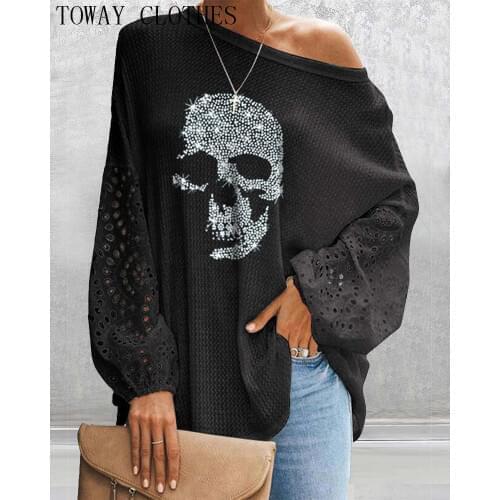 Women Glitter Skeleton Skull Lantern Sleeve Top Hollow Out Chic Casual Shirt Spring Autumn Loose Blouse