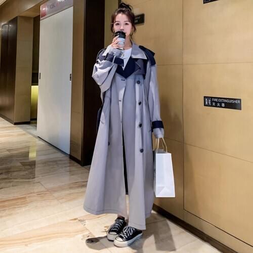 Womens Windbreaker 2021 Spring Autumn New French Niche Design Long Style Contrast Stitching Gray Blue Fashion Trench Coat M4