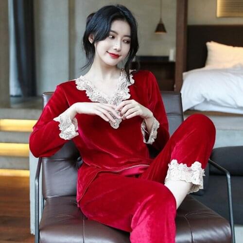 Women Pajamas Sets 2PCS Lace Floral Trim Pyjamas Bride Underwear Velour Sleepwear V-Neck Nightwear Autumn Lounge Homewear M-XXL