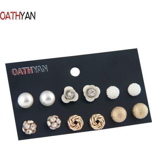 OATHYAN 6 Pairs/Set Gold Color Metal Ball Stud Earrings Sets For Women White Simulated Pearl Round Flower Earring Gift Brincos