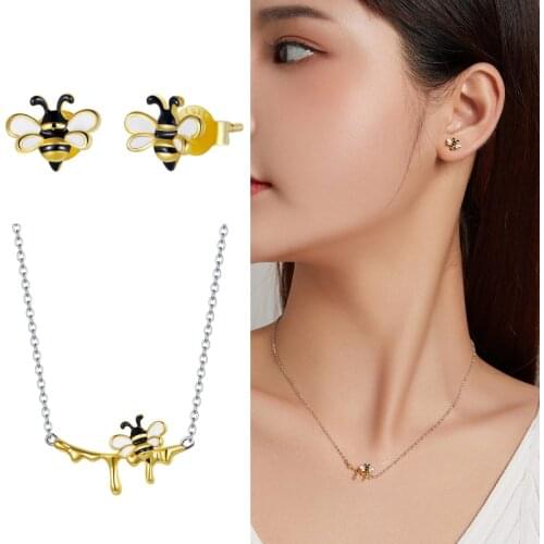 BISAER New 925 Sterling Silver Honey Bee Earrings Bee Necklace Fashion Temperament Versatile Elegant Ladies Jewelry ECE1182