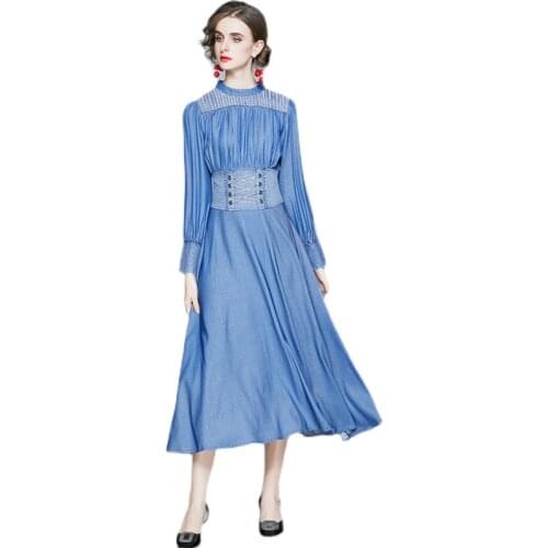 Autumn 2021 new Retro Denim Dress Elegant Womens Long style denim Dress Super long style banquet dress Long sleeve Dress woman