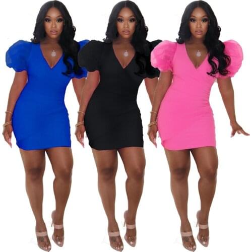 Large Size Solid Color Womens Fashion Pleated Hedging Sexy Deep V Neck Personality Puff Sleeve Nightclub Party A Line Dress