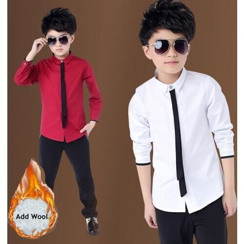 Winter Fleece Shirts for Big Boys England Style Cotton Turn-down Collar Tops Solid Color White Thicken Warm Clothes Teen Shirt