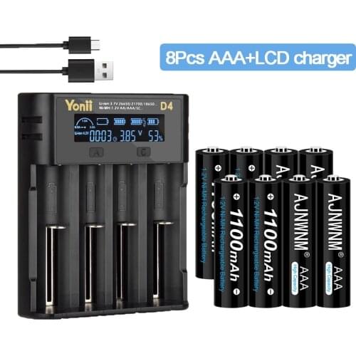 1.2V Ni-Mh AAA Rechargeable Battery 1100Mah with LCD Battery Charger for 3.7v Li-ion Battery 18650 14500 26650 1.2v NI-Mh AA AAA