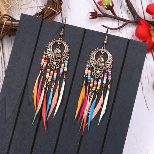 2020 Acrylic Rainbow Beads Feather Drop Earrings Dangle Golden Silver Color Ethnic Wedding Earrings for Women Boho Jewelry