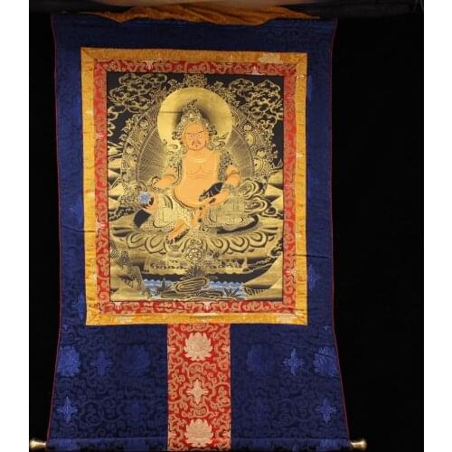 28" Tibet Buddhism Temple Silk Cloth paper Natural pigments Gold powder Hand Painted Huang Caishen Hang screen Thangka Tangka