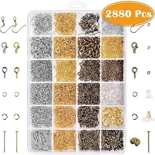 2880 Pcs Jewelry Making Findings Supplies Kit with Open Jump Rings Lobster Clasps Crimp Beads Screw Eye Pins Head Pins Earing Ho