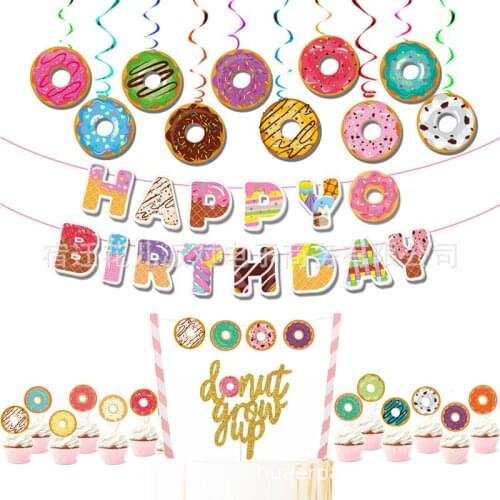 39pcs Donut Theme Birthday Party Decoration Donut Letter Pull Flag Ring Spiral Ornament New Product Party Supplies