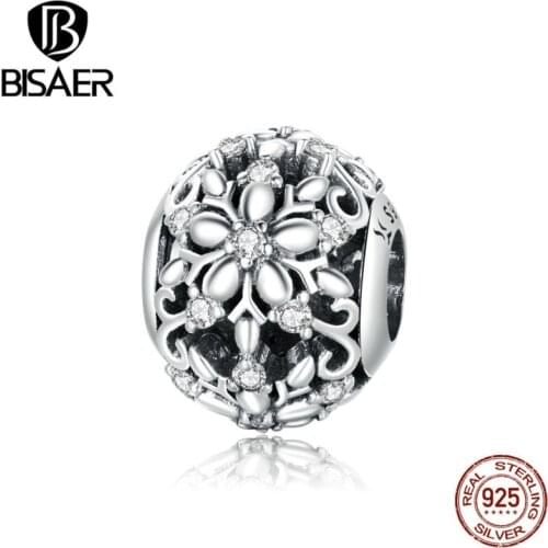 BISAER Carved Snowflakes Beads 925 Sterling Silver Shiny Zircon Silver Charms Fit DIY Women Bracelet Necklace Pendant ECC1651