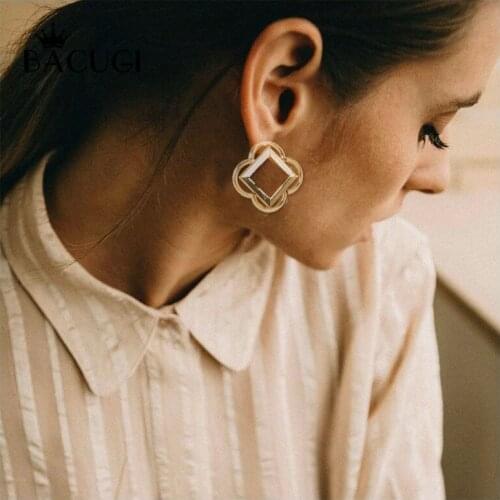 HaHaGirl Vintage Punk Flower Drop Stud Earrings For Women Trendy Gold Color Square Geometric Dangle Earrings Party Jewelry Gifts