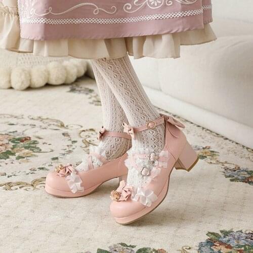 IPPEUM Girls Sweet Lolita Ruffles Bowknot Lace Bridal Wedding Shoes Women High Heel Bordered Princess Dress