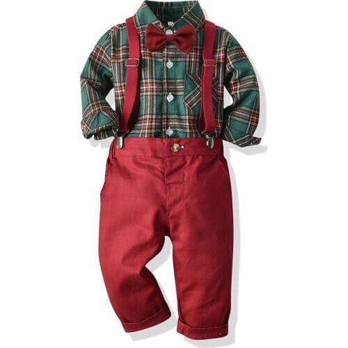Tem Doger Baby Boy Clothing Set Infant Red Bow Tie Long Sleeves Plaid Shirt+Suspender Trousers Outfits Christmas Clothing
