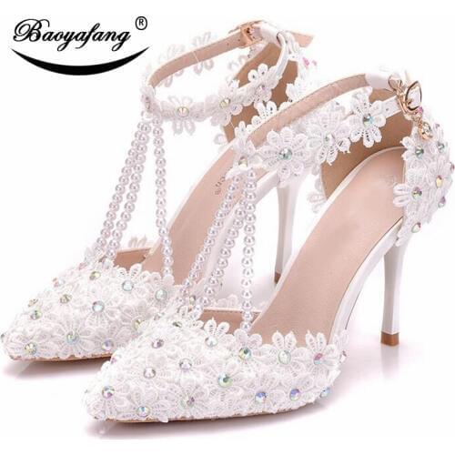 BaoYaFang Summer Shoes Woman Ankle strap White Lace Flower shoe 9cm Heel Pointed Toe Wedding shoes female Bride dress shoe