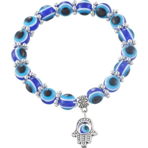 Fashion Silver Color Blue Evil Eye Hand Fatima Palm Bracelets For Women Bead Charm Bracelet Ethnic Style Handmade Jewelry