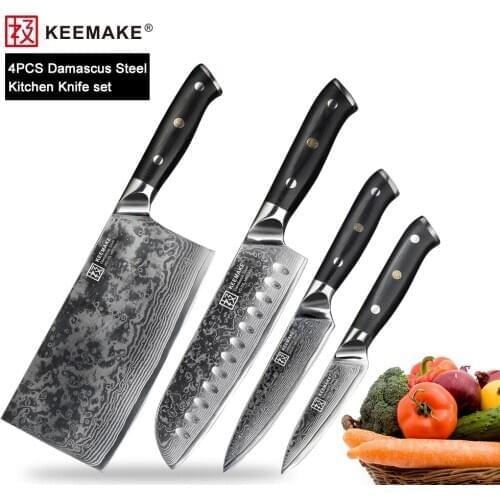 KEEMAKE Santoku Cleaver Utility Paring Knife Damascus Japanese VG10 Steel Sharp Blade Cutter G10 Handle 4PCS Kitchen Knives Set