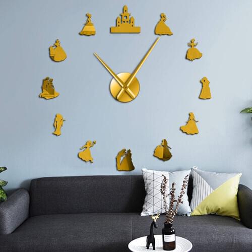 Prince N Princess Castle Silhouettes Girls Room Wall Art Decor Giant DIY Wall Clock Frameless Fairy Tale Big Time Wall Watch