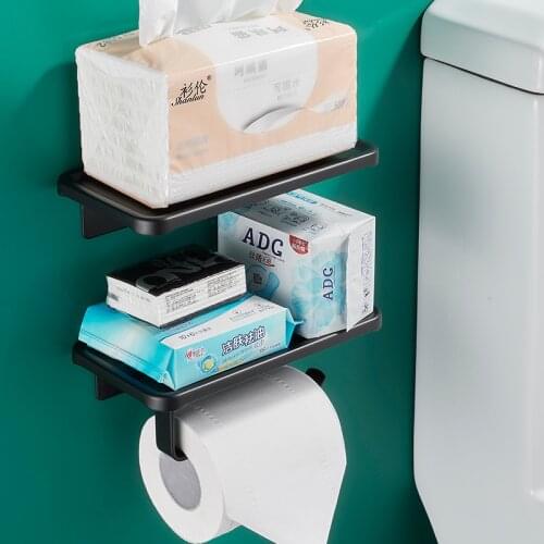 Punch free Wall Mounted Black Toilet Paper Holder Tissue Paper Holder Roll Holder With Phone Storage Shelf Bathroom Accessories
