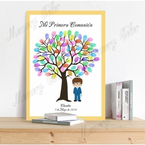 Custom Theme Name Date Boys Girls with Glasses Fingerprint DIY Canvas For Kids Holy Communion Party Souvenir Guestbook