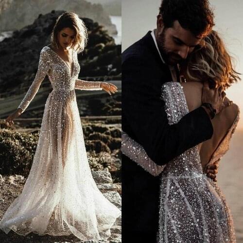 Sexy Transparent Beach Wedding Dresses Long Sleeves 2020 Sequined Backless Robe De Mariee Deep V Neck Bridal Gowns