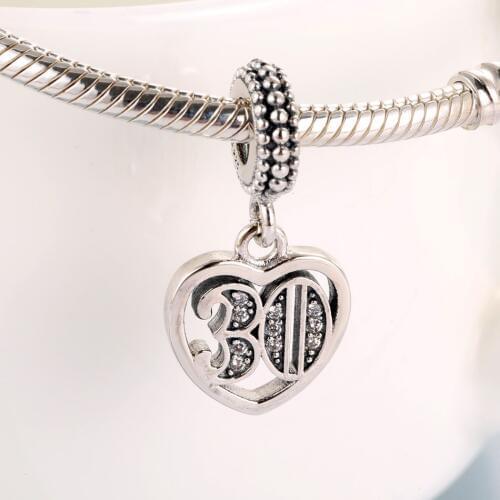 S925 Pendant DIY Jewelry 30 Years of Love Dangle Charm fit Lady Bracelet Bangle Clear CZ Girl Gift