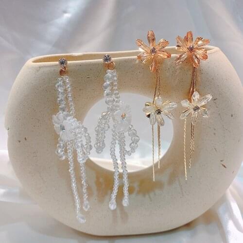 Korean Crystal Flower Tassel Long Drop Earrings For Women Geometric Elegant Dangle Pendientes Gifts