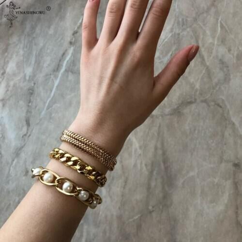 3Pcs/set Punk Miami Curb Cuban Thick woman Bracelet Bangle Chunky Heavy Metal Imitation Pearl Bracelet Chain Accessories Jewelry