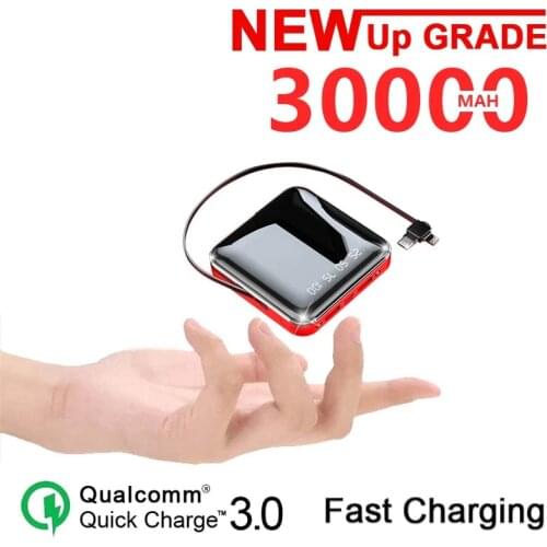 30000mAh Power Bank Built-in Cables Powerbank LED Flashlight LCD Digital Display Mini Portable External Battery Charger Xiaomi