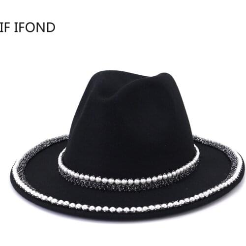 New French Style Women Wool Fedora Hat With Handmade Pearl Decoration Elegant Lady Winter Wide Brim Warm Jazz Hat Wedding Hat
