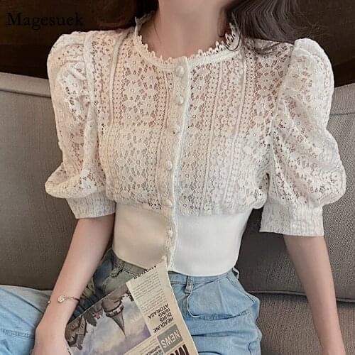 Korean Summer Lace Blouse Women 2021 New Short Sleeve Hollow Out White Shirt Button Loose Shirts Solid Female Women Tops 13607