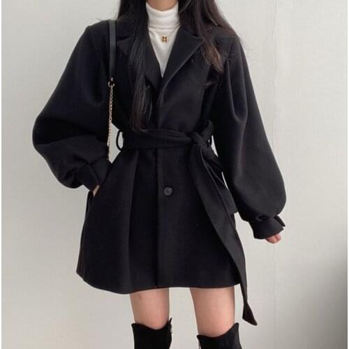 JMPRS Winter Women Woolen Jacket Elegant Turn Down Collar Cotton Belt Tunic Coat Causal Solid Long Sleeve Black Clothes 2021