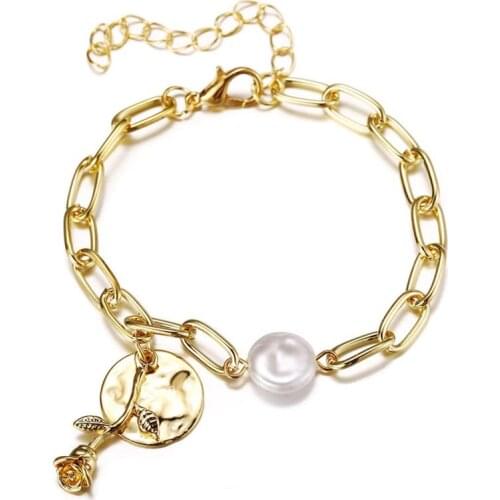 2021 New Punk Chain Bracelets for Women Boho Gold Color Imitation Pearl Rose Charm Bracelets Bangles Fashion Jewelry