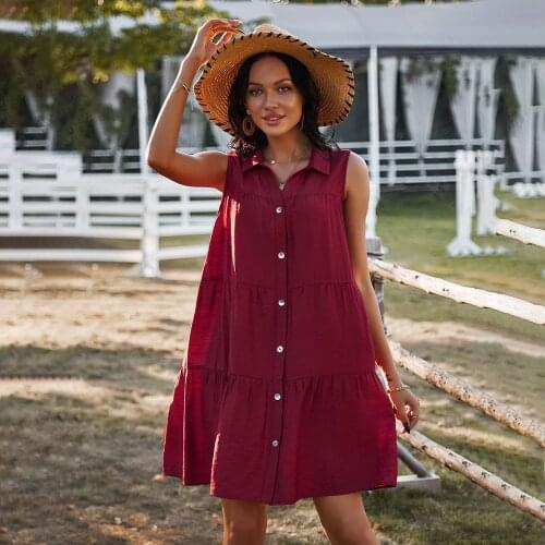 Fashion Sleeveless Mini Dress For Women 2021 Summer New Casual Single-breasted Shirt Collar Solid Color Beach Dress Robe Femme