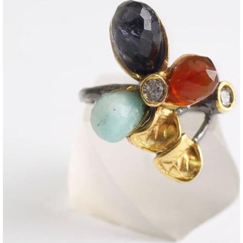 Brown Purple and Blue Zircon Gold Plated Womens Silver Ring,Woman 925Silver Zircon Handmade Ring, Multicolor Oval Zircon