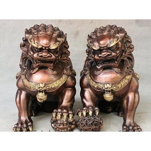11" China Red Bronze Copper Feng Shui Evil Royal Door Fu Foo Dog Lion Pair Statue