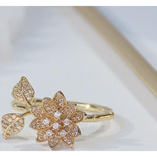 14k Real Gold Plated Fashion Jewelry Micro-inlaid Zircon 3D Flower Exquisite Open Ring Shine Holiday Party Daily Elegant Ring