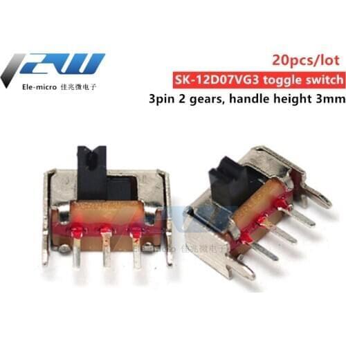 20 pcs /lot Small toggle switch SK-12D07VG3 side foot slide 1P2T with bracket 3 feet two gear handle height 3mm