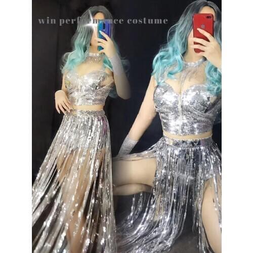 Sparkly Silver Sequins Tank Top Fringes Short 2 Pieces Set Women Singer Dancer Wear Shining Stage Costume Birthday Party Outfit