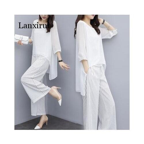 Two Piece Blouses And Pants Sets Summer Elastic Waist Stripes Chiffon Wide Leg Pants 2 Piece Set Fashion Outfits