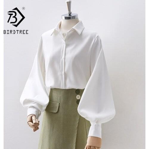 Autumn New Women Vintage Big Lantern Sleeve Blouse For Female Turn-Down Collar Button Up Elegant White Shirt Fall Winter Tops