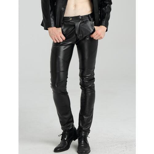 Black white faux leather pants mens feet pants fashion motorcycle pu trousers for men personality pantalon homme