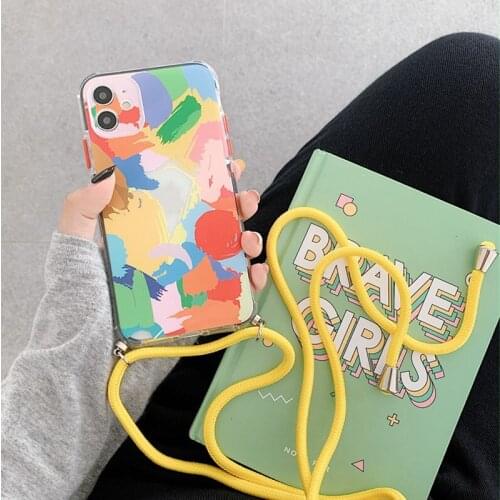 Art Colorful Graffiti Lanyard Phone Case For iPhone 12 11 Pro Max XS Max X XR 8 7 Plus 12 Pro Soft Strap Cord Chain Shell Cover