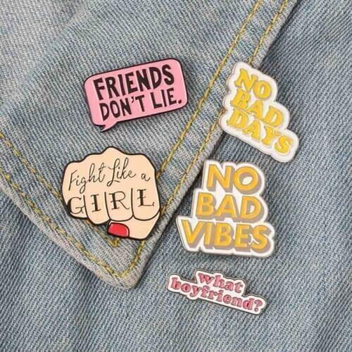 Quote Enamel Pin Feminist Girl power STRANGER THINGS NO BAD VIBES badge brooch Lapel pin Jeans shirt bag Cartoon Jewelry Gift