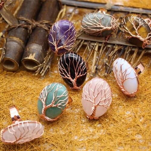 12PCS Adjustable Size Rings Natural Stone Amethysts Tiger Eyes Rings Handmade Metal Wire Tree of Life Rings for Women Jewelry