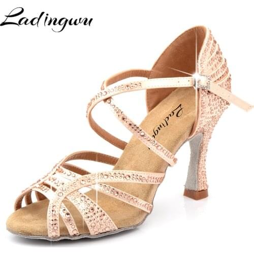 Ladingwu Dance Shoes Latin Woman Salsa Silk Satin Dancing Shoes Glitter Rhinestone Professional Dance Shoes Ballroom Soft Bottom