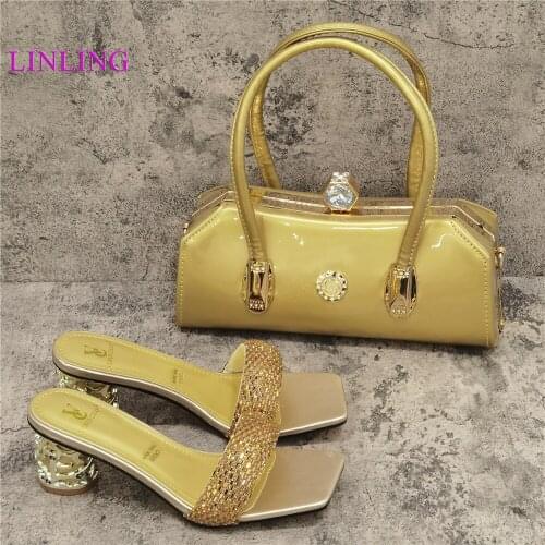 Hot Selling African Shoes And Bag Set Italian Design Matching Shoes And Bag Set Nigerian For Wedding Party in Gold color
