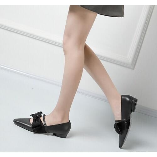 Spring Leather Low Heels Shallow Mouth Casual Office Lady Shoes Plus Size Fashion Bow Square Heels Pointed Toe Pumps Shoes Women