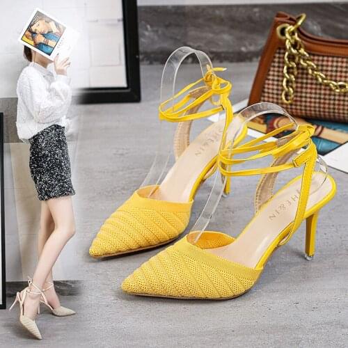 WHNB Classical Style Women Fashion Pointed Toe Suede Leather Stiletto Heel Pumps Yellow Lace-up High Heels Formal Dress Shoes